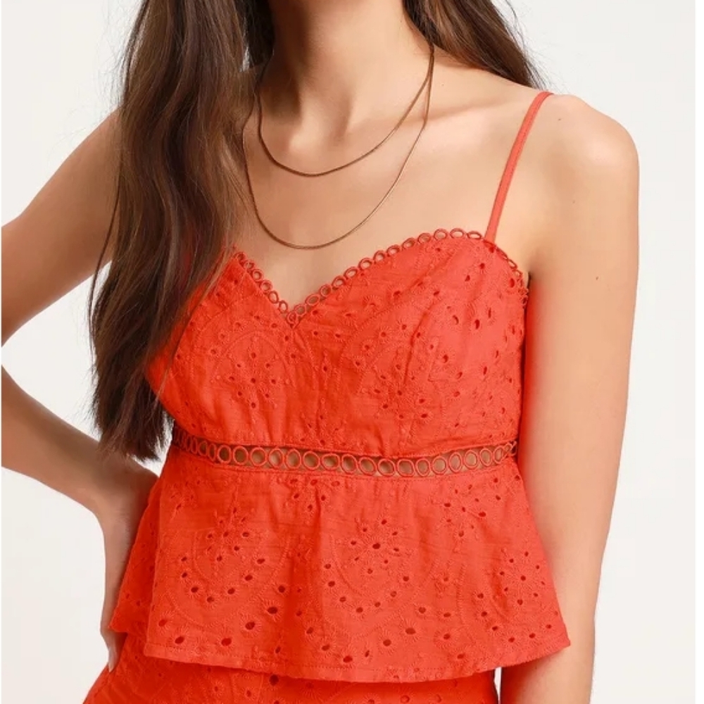 Lulu's Coral Red Eyelet Peplum Crop Top